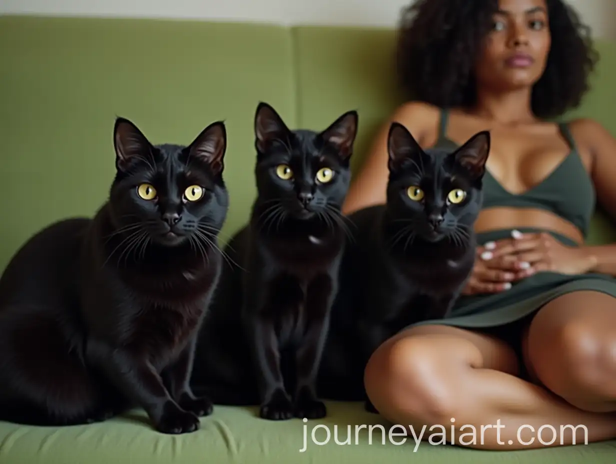 Three-Short-Hair-Black-Cats-Sitting-on-Green-Couch-with-Indian-Woman