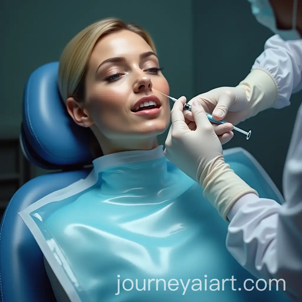 Dentist-Giving-Injection-to-Woman-in-Blue-Bib-at-Dental-Clinic