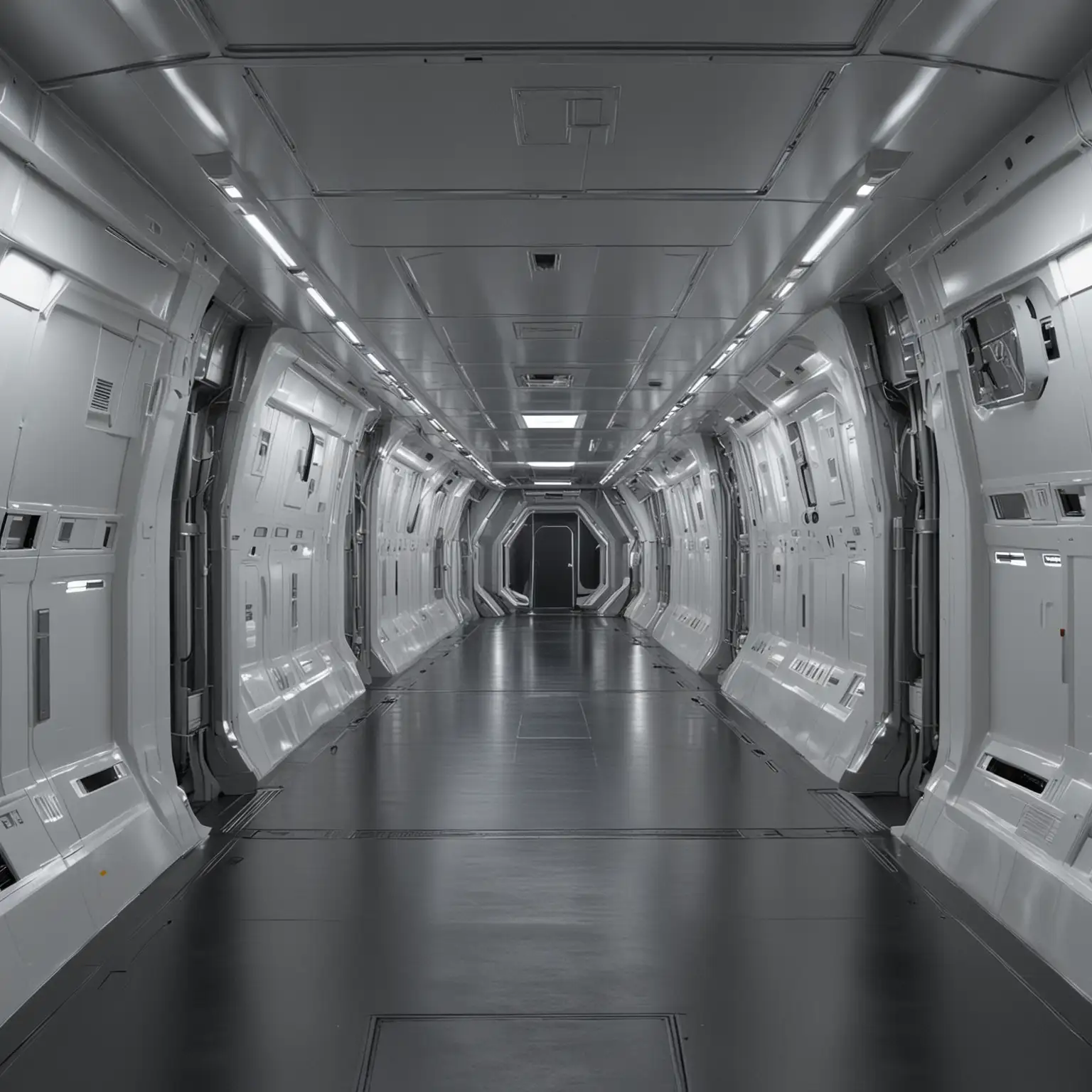 Sci-fi ship interior. View down very wide hallway.  Clean. Smooth angular walls that bow outward. Simple gray and white walls. Deck plating.