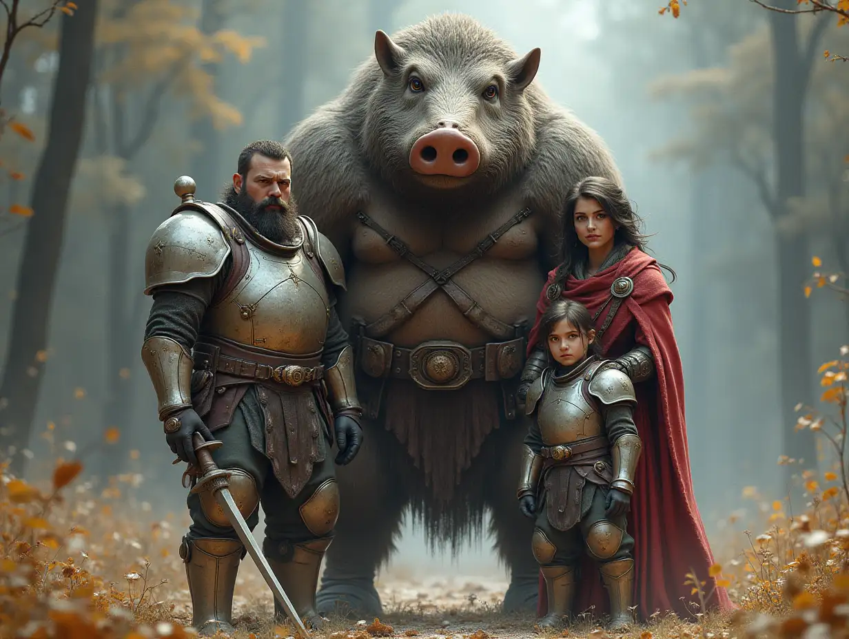 Ki-Fantasy Family,Man,Woman, and Children, giant boar face and with glass and white armor equipment