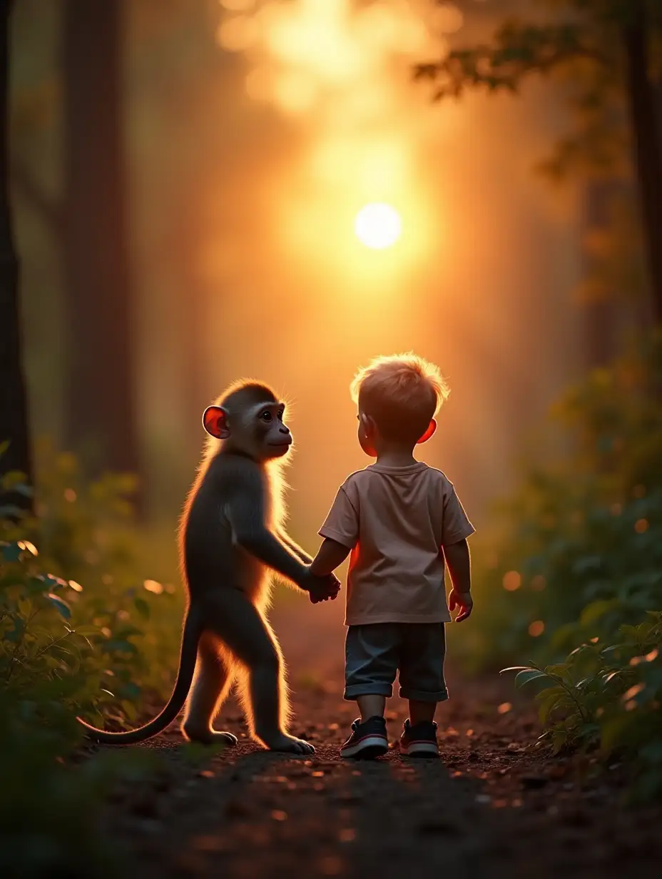 A small monkey holds the hand of a 2-year-old boy, both of whom are watching the sunrise through the forest foliage