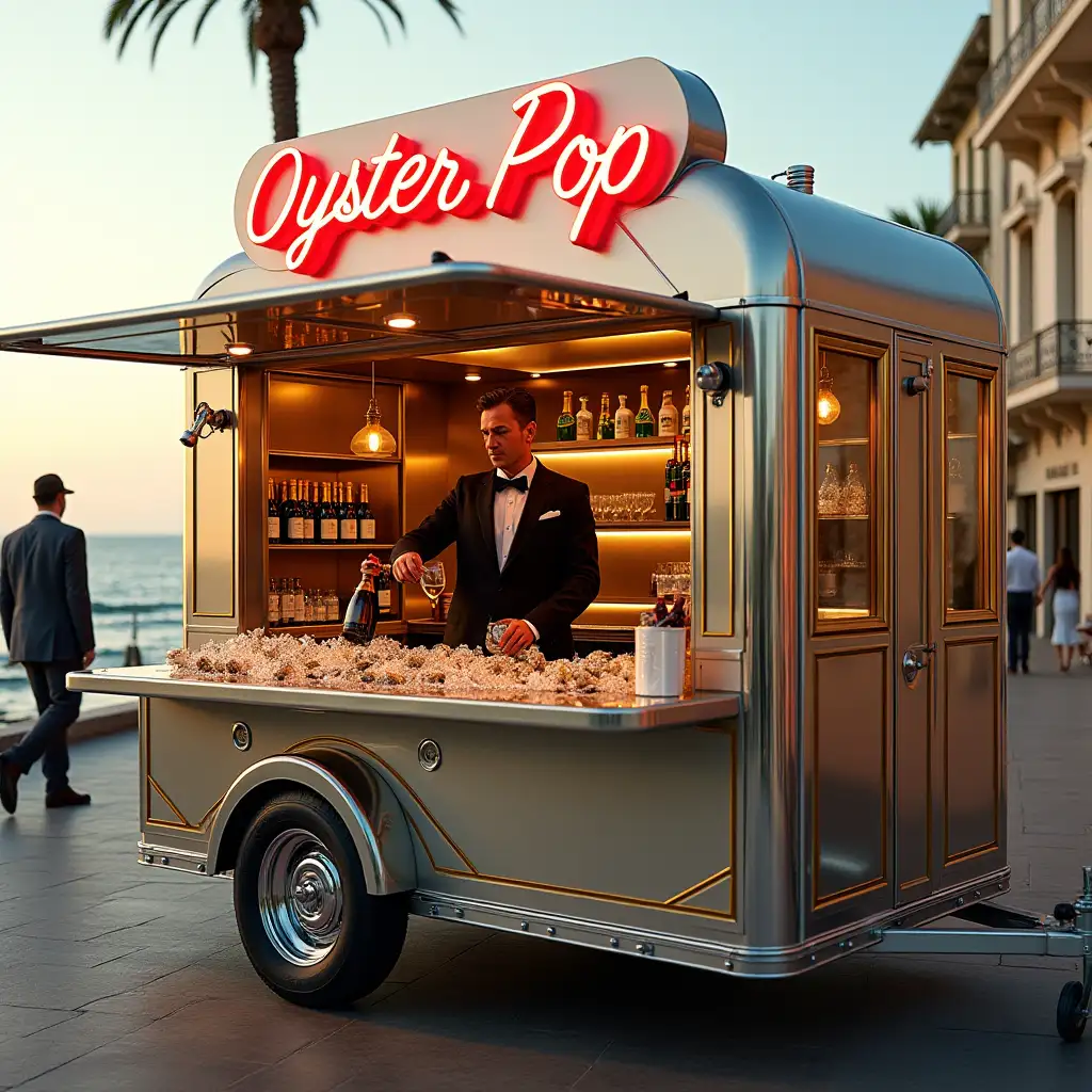 A vintage-inspired street food trailer designed in elegant Art Deco style, positioned on a vibrant Italian seaside promenade. The trailer features glossy metallic panels with geometric gold accents and stylish chrome finishes, blending old-world sophistication with modern functionality. At its center, a wide countertop displays fresh oysters resting on sparkling crushed ice, illuminated by soft, ambient lighting. Above the counter, the neon sign 'Oyster Pop' glows in bold, vintage lettering, capturing attention with its retro charm. Behind the counter stands a distinguished man in a tailored suit with a bow tie, pouring champagne from a vintage bottle into a crystal flute, his poised demeanor reflecting the trailer’s refined aesthetic. Shelves to his side are stocked with bottles of premium champagne, adding to the air of luxury. The scene is completed by the scenic backdrop of the Italian coastline, with gentle waves in the distance and passersby strolling along the sunlit promenade, enjoying the lively yet elegant atmosphere.