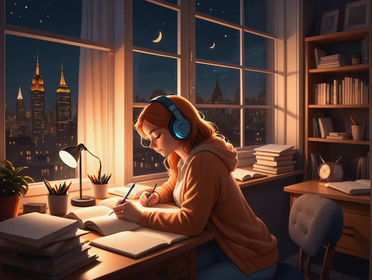 Young-Woman-Studying-in-a-Cozy-Room-at-Night