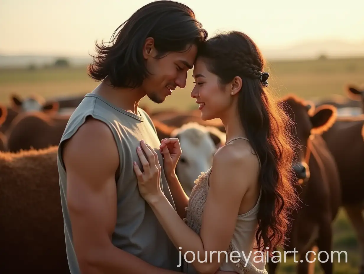 Couple-Embracing-Cows-in-a-Serene-Outdoor-Setting