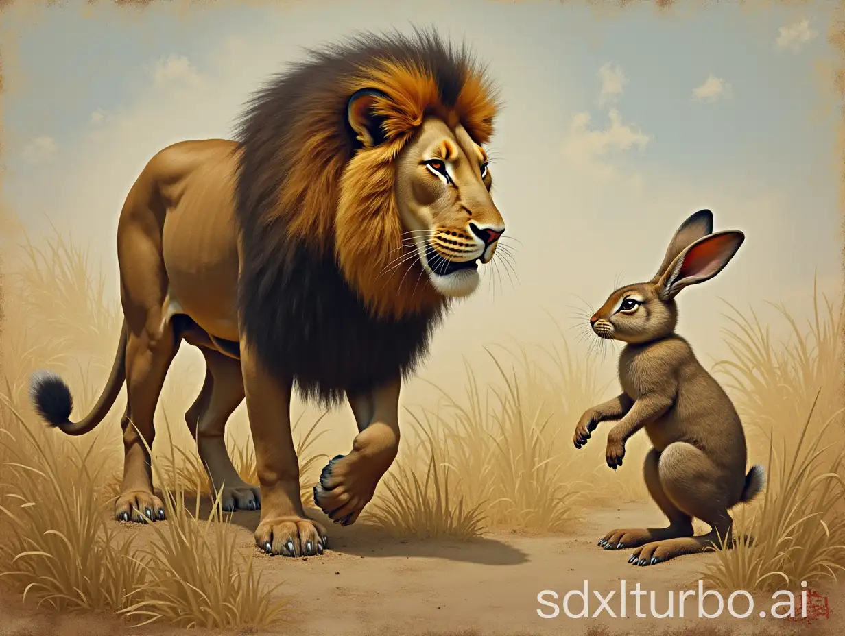 Fierce-Lion-Confronts-Cunning-Rabbit-in-Savanna-Encounter