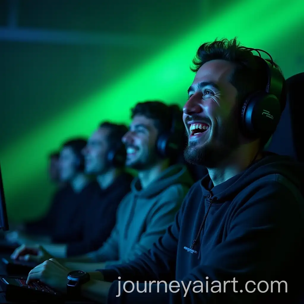 Cheerful-Group-of-Gamers-Watching-ESports-Tournament-with-Green-Lighting
