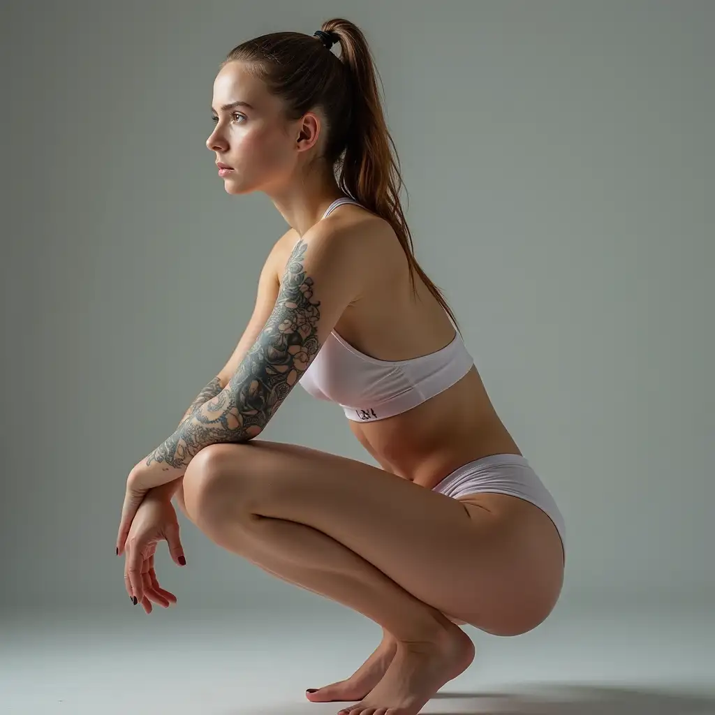 White-Beautiful-Girl-in-Sport-Swimsuit-with-Tattoo-in-Squat-Position-from-Side-View