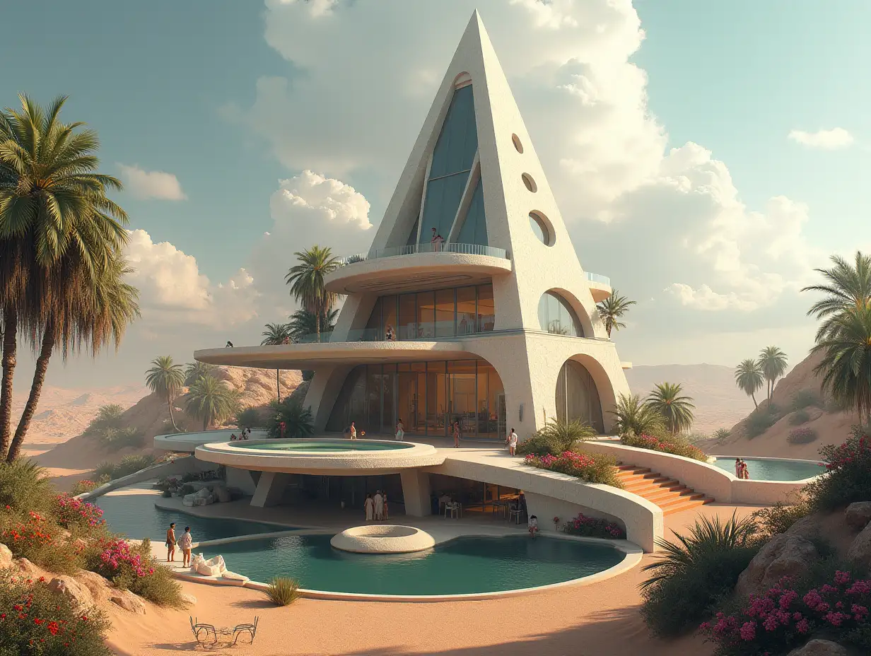 Create a high-resolution, realistic panorama image of a futuristic terrace building with window pyramid house with bridge, one with people, many plants and colorful flowers white and brown facades wide desert with oasis, big trees, very cloudy sky