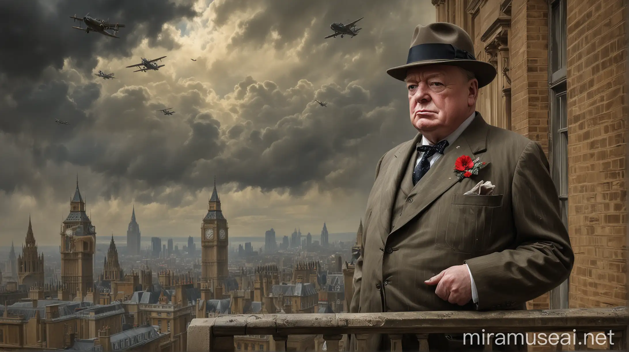 Resolute Winston Churchill Portrait with Stormy London Skyline