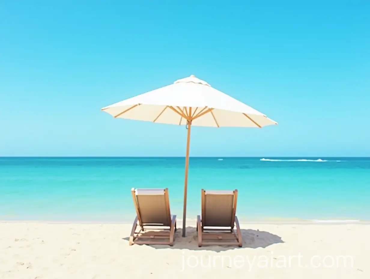Beach-Scene-with-Two-Chaise-Longues-Under-Umbrella-Against-Sea-Horizon