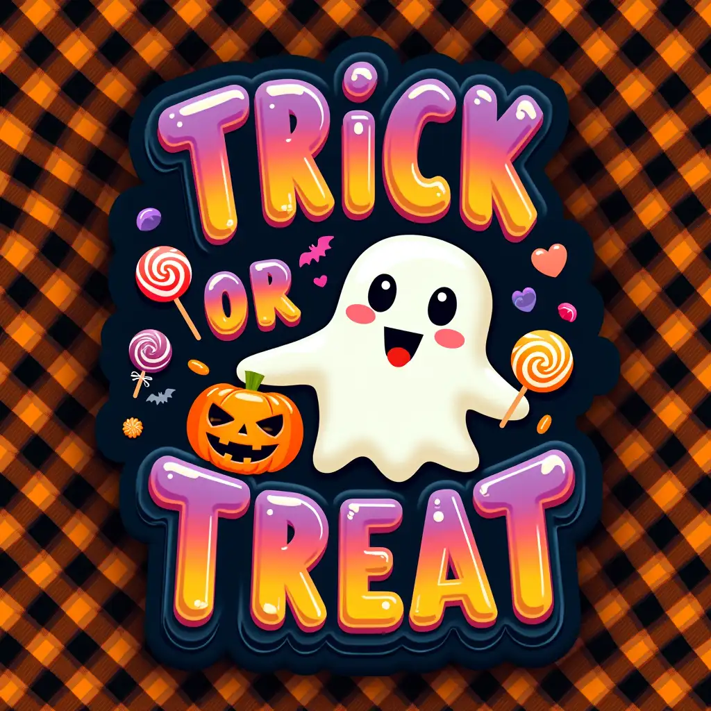 Create a whimsical Halloween-themed graphic featuring a cute ghost holding a jack-o'-lantern. The ghost should have a friendly expression and be surrounded by colorful candies, lollipops, and bats. The text 'TRICK OR TREAT' should be prominently displayed in bold neon, contrasting fonts, with a retro, groovy style. The background should be a checkered pattern in orange and black. The overall style should be lighthearted and fun, with a touch of cuteness.