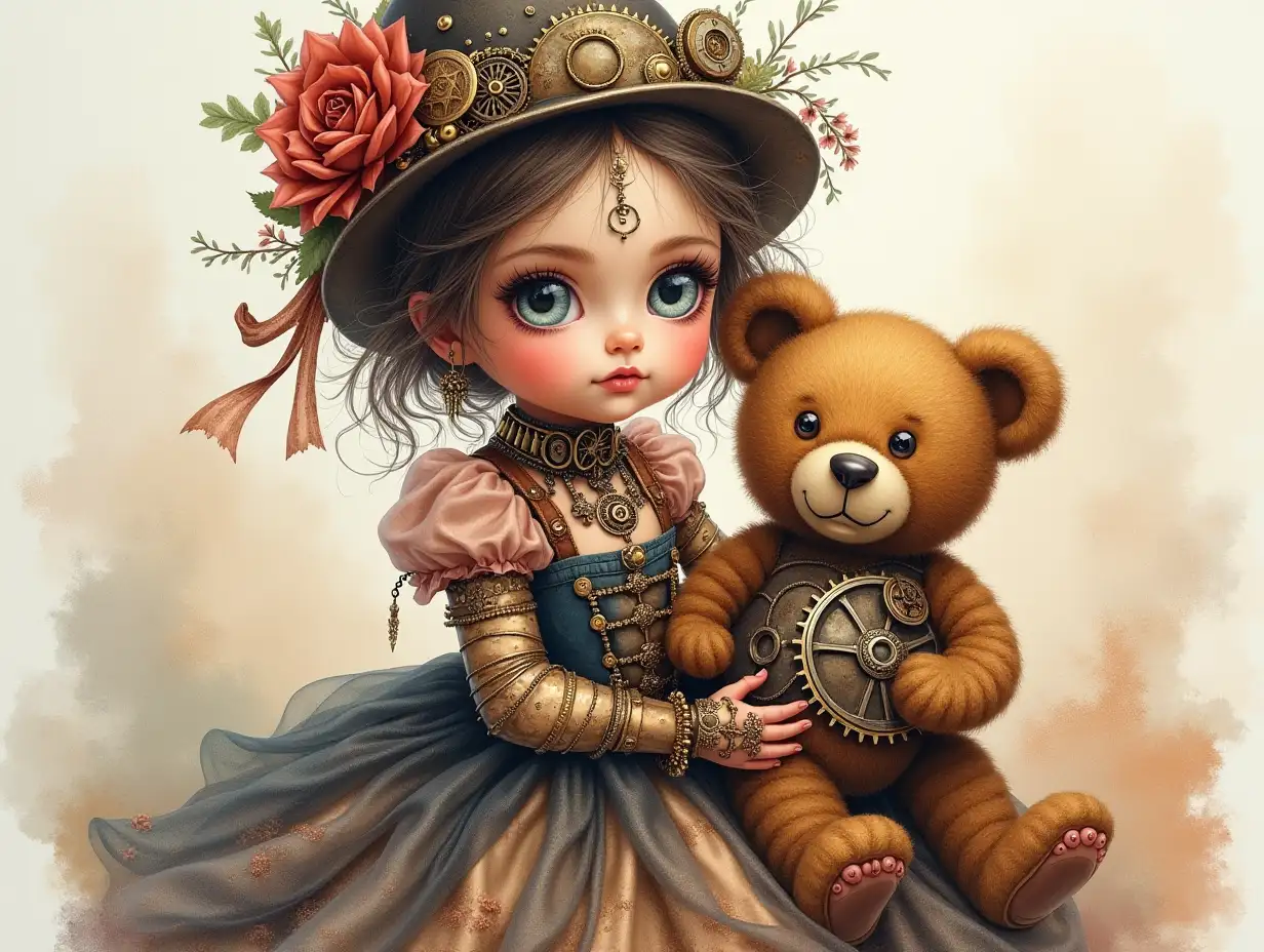 Hyperrealistic Steampunk Baby in Elaborate Dress with Mechanical Teddy Bear