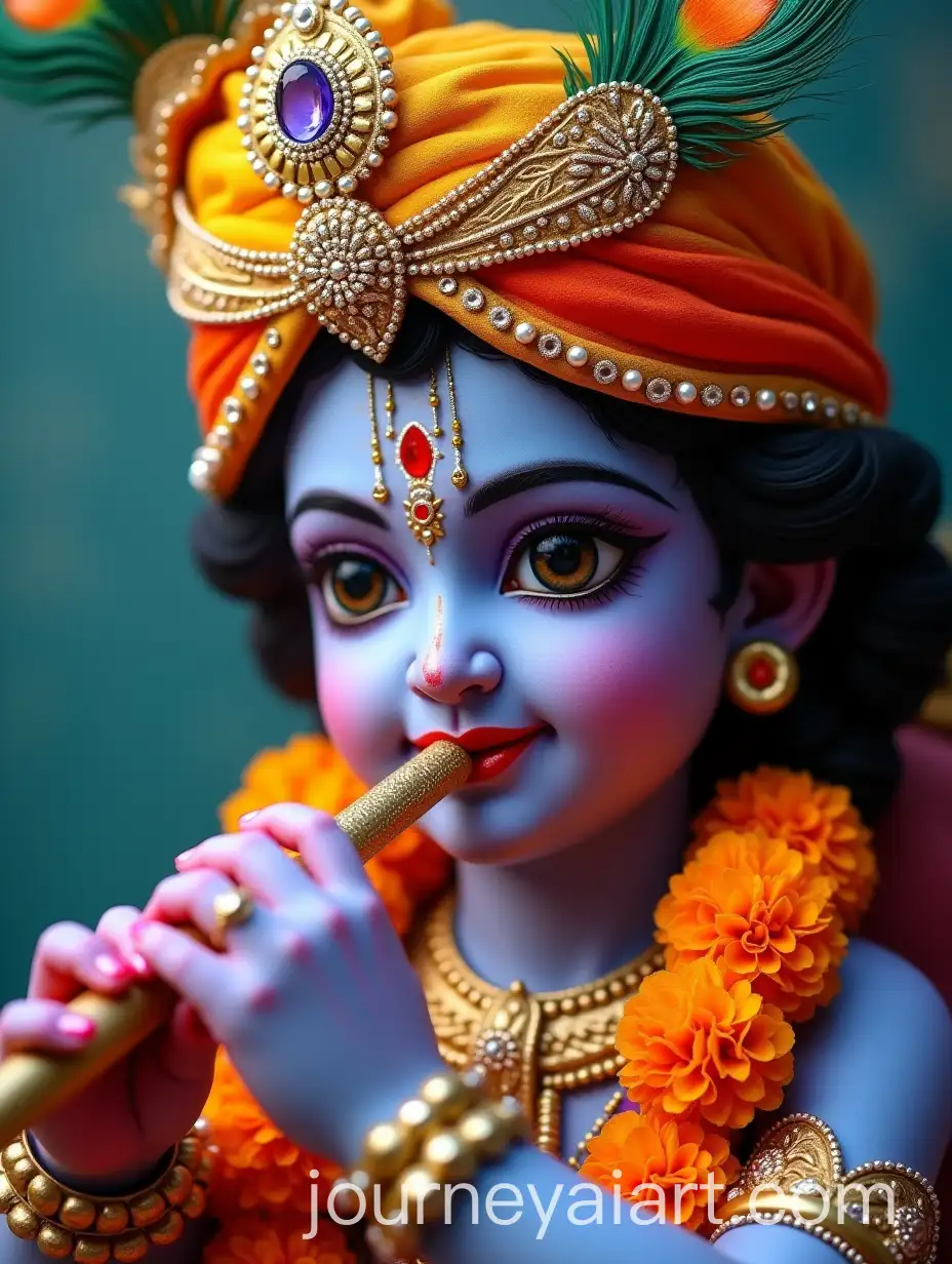 Realistic-Depiction-of-Lord-Krishna-with-Vibrant-Violet-Face-and-Intricate-Gold-Jewelry