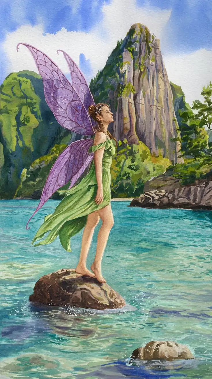 Fairy with wings on St Lucia tropical island watercolour realistic painting drawn by a pro artist