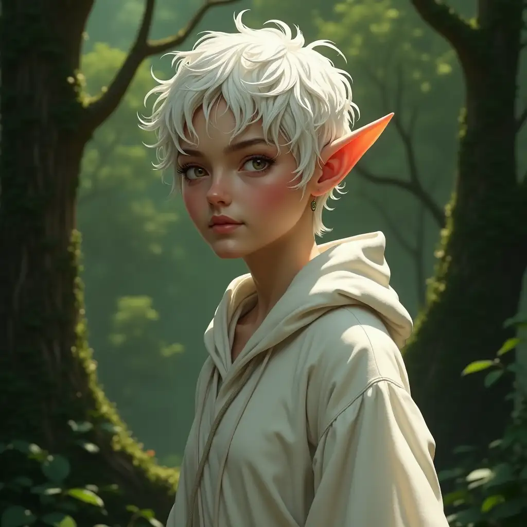 Elf girl, realistic style, pointed ears, short white curly hair, dressed in a white chiton, in full growth, forest