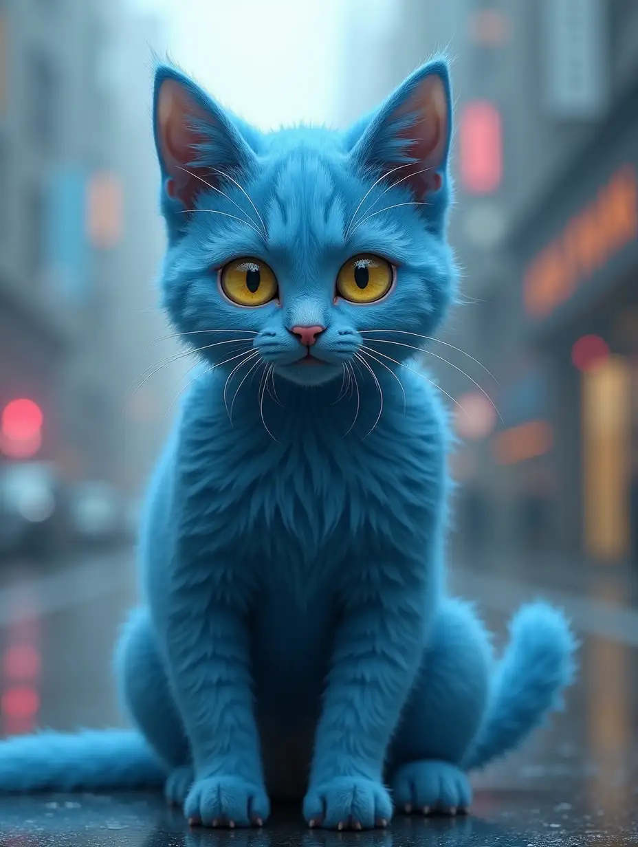 humanoid cat, female, blue fur, yellow eyes, slightly crouched pose, cinematographic, futuristic city background