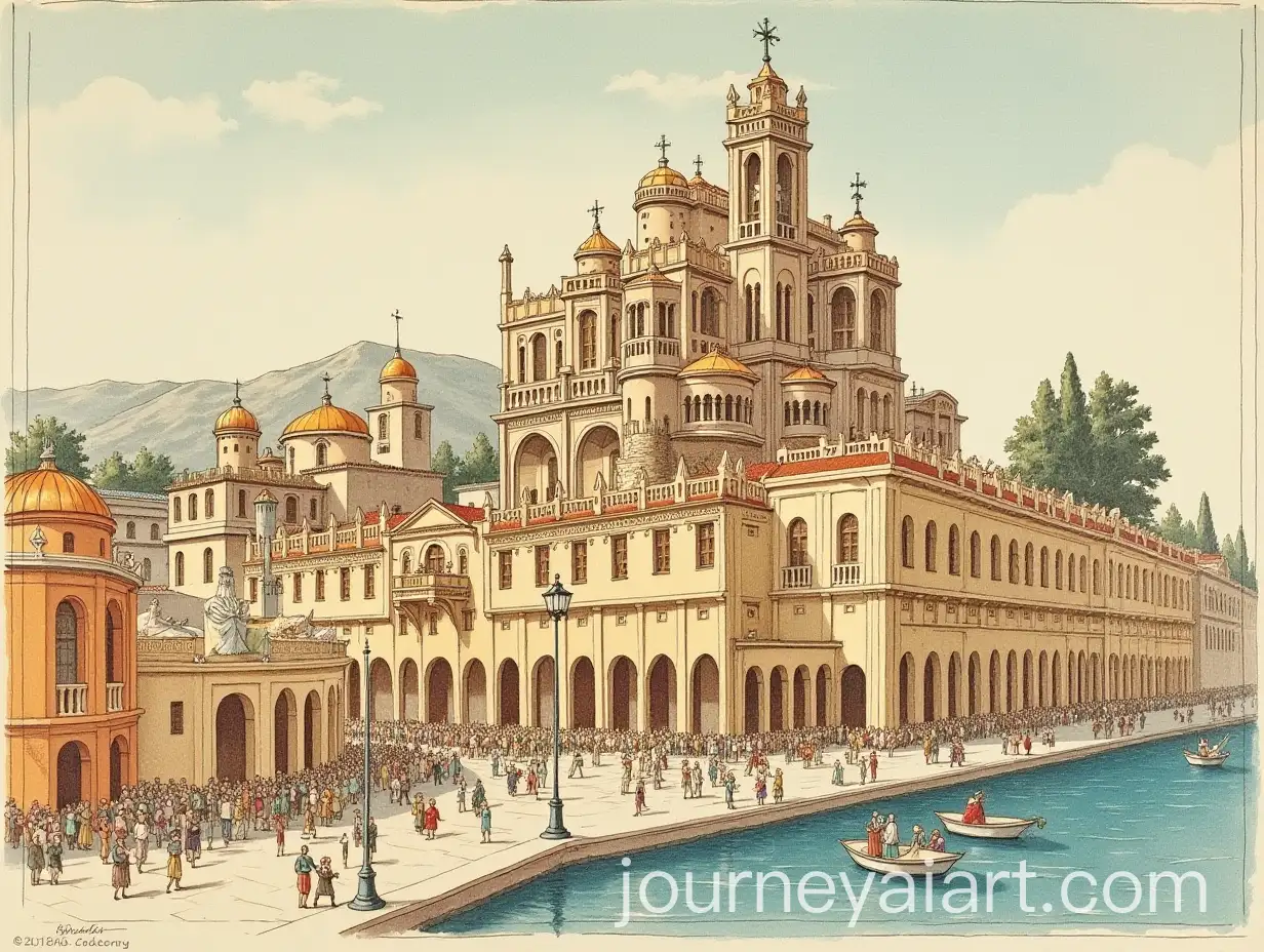 Medieval-Byzantine-City-Gathering-in-a-Woodblock-Print-Style