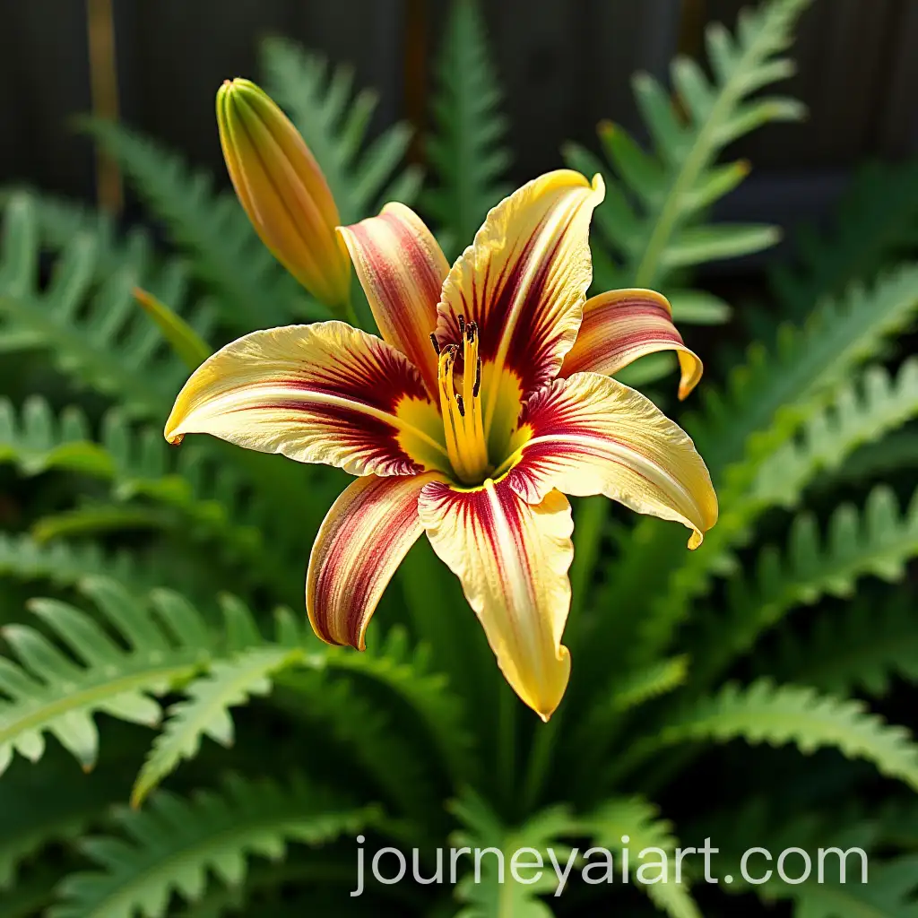 Variegated-Plantain-Lily-and-Fern-in-Shady-Flowerbed-Near-Fence