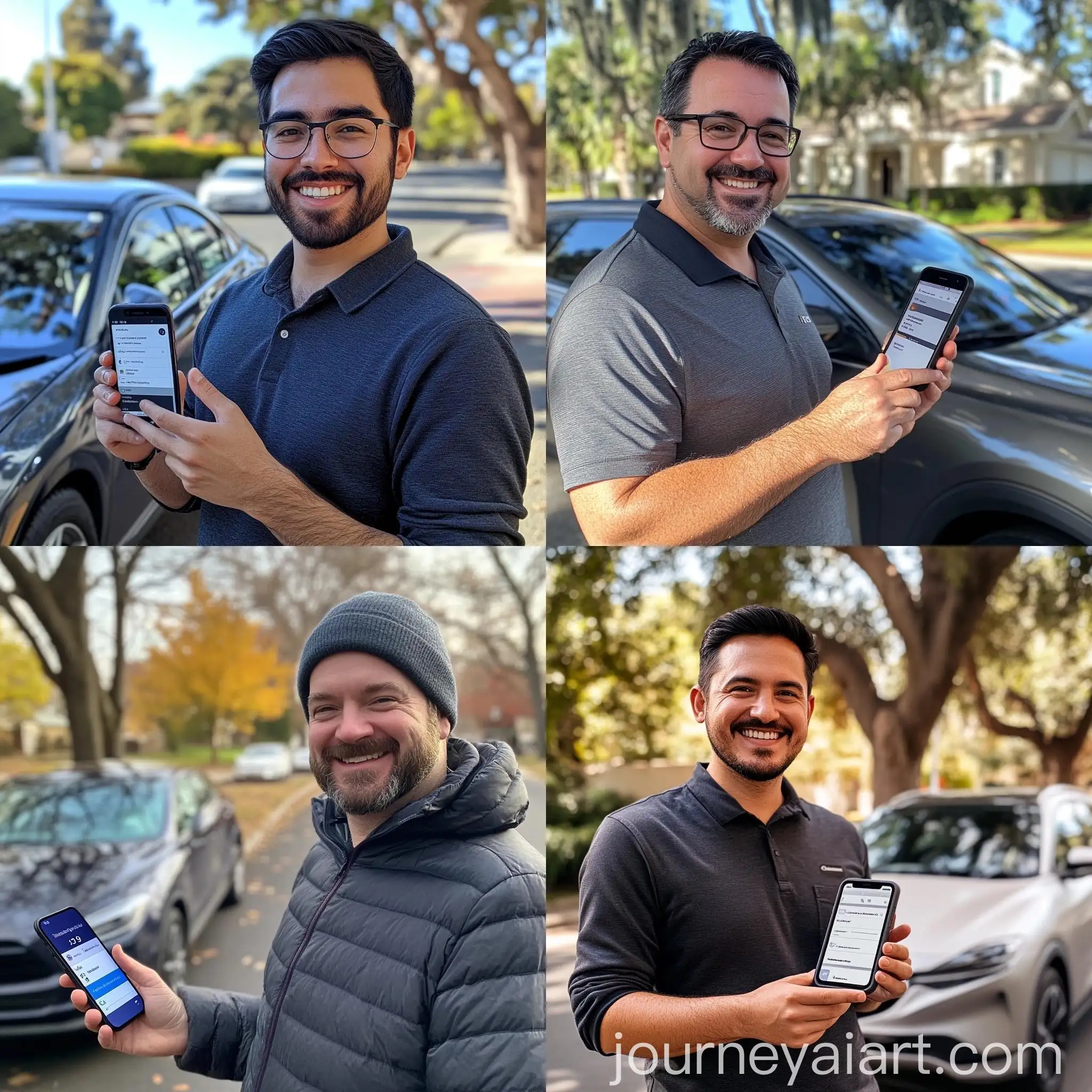 Smiling-Driver-Showing-Significant-Insurance-Savings-on-Smartphone-in-Urban-Setting