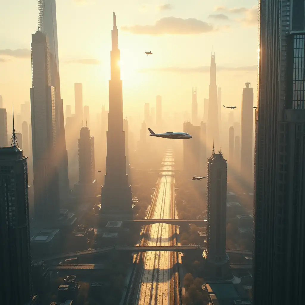 Futuristic-Cityscape-with-Golden-Morning-Light-and-Flying-Vehicles