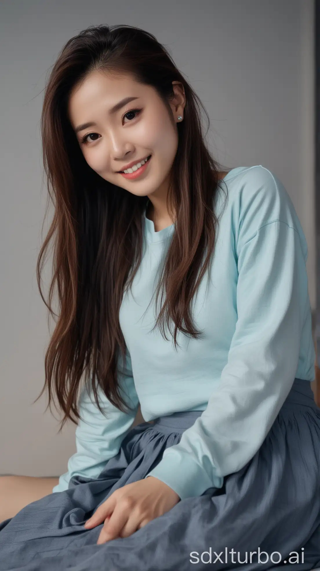 user_prompt: Chinese woman, sexy and sweet smile, brown long hair, white skin, black eyes, on a winter night lying in a room with a back shot in a tight light blue T-shirt and long skirt.