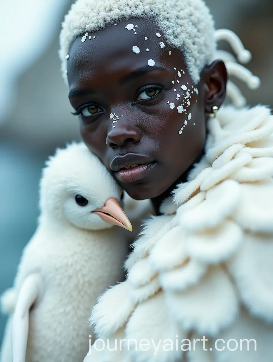 AvantGarde-Fashion-Model-with-Freckles-and-White-Hair-Posing-with-a-Penguin