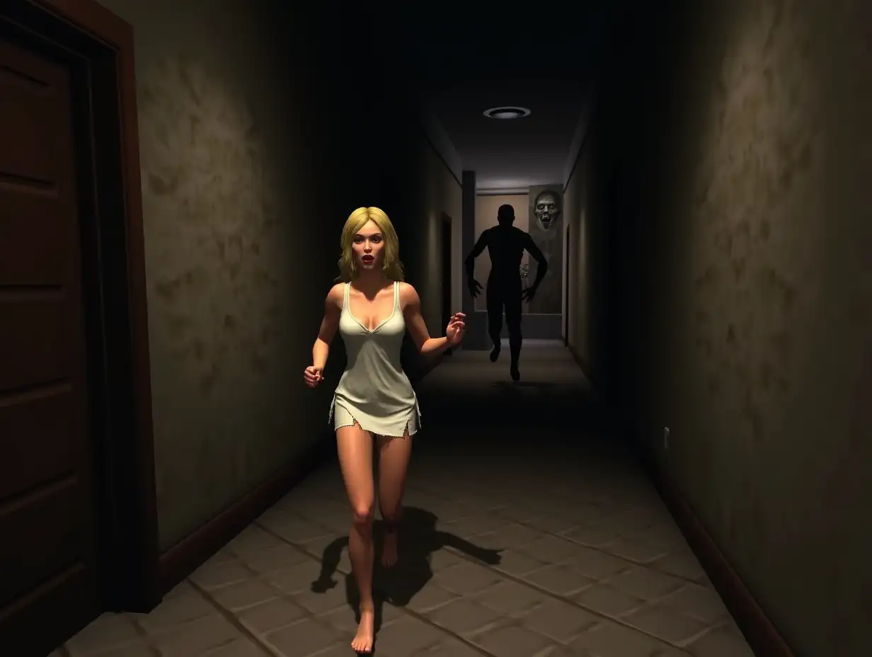 3D PlayStation One styled 1990s gameplay screenshot featuring a 3D polygonal character model of a terrified blonde European American woman in a tattered white short dress running alongside an onion knight  in a dark basement hall both chased by a giant zombie behind them, in a third-person action game with retro style graphics PlayStation 1 3D Graphics 1990s 3D graphics 1990s 3rd person retro horror game