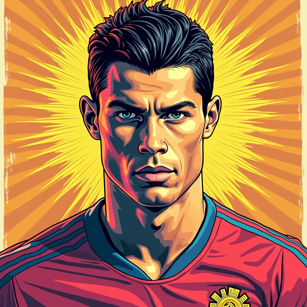 Retro comic style artwork, highly detailed Cristiano Ronaldo, comic book cover, symmetrical, vibrant