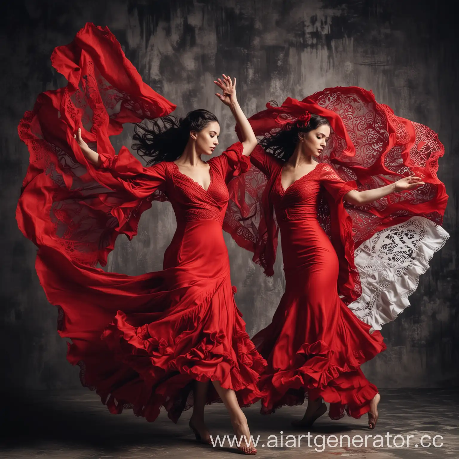 Flamenco-Dancers-in-Red-Dresses-and-White-Shawls-Performing-on-Abstract-Background