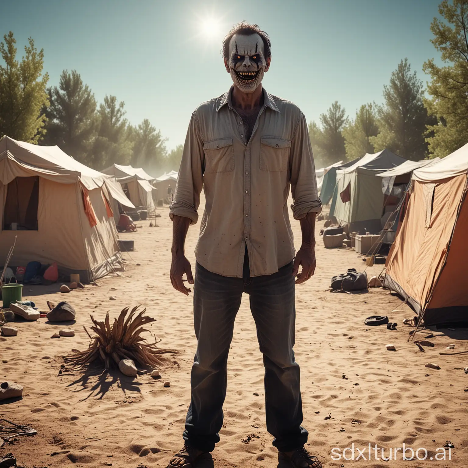 A photorealistic, high definition, high resolution, scary image of a sinister man with evil intentions standing at a campsite during a hot summer day, full body shot from far away, with a creepy smile, the man has a wide terrifying smile with evil intentions, evil and creepy wide smile, daytime, strong sun, high temperature, extreme heat, sweating, creepy, disturbing and threatening. The style of the photo is horror. Use vibrant and popping colors.