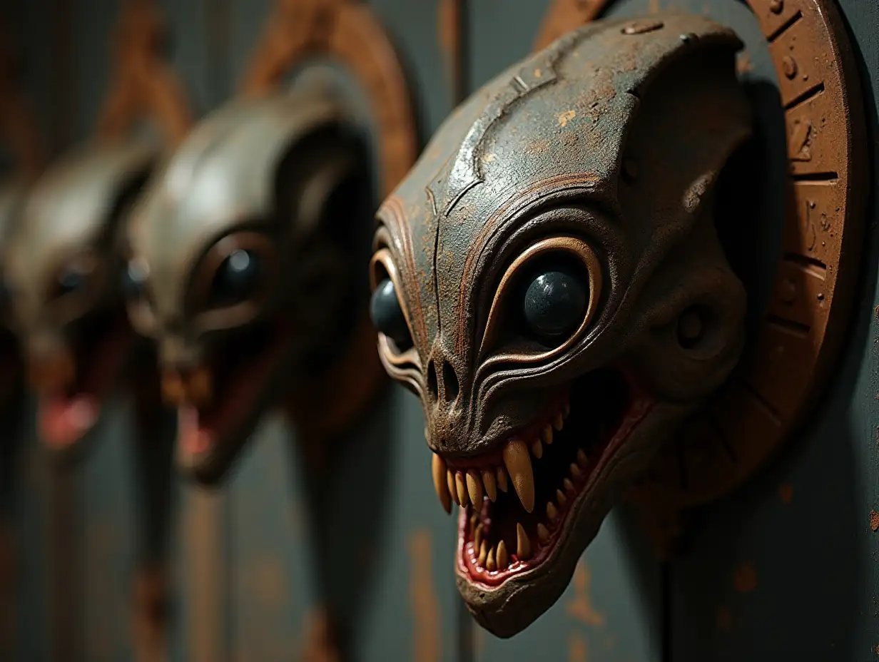 Alien ritual mask of the secret cult of humanoid scorpions with four eyes, instead of jaws. The mask hangs on the wall and similar masks of the cult nearby