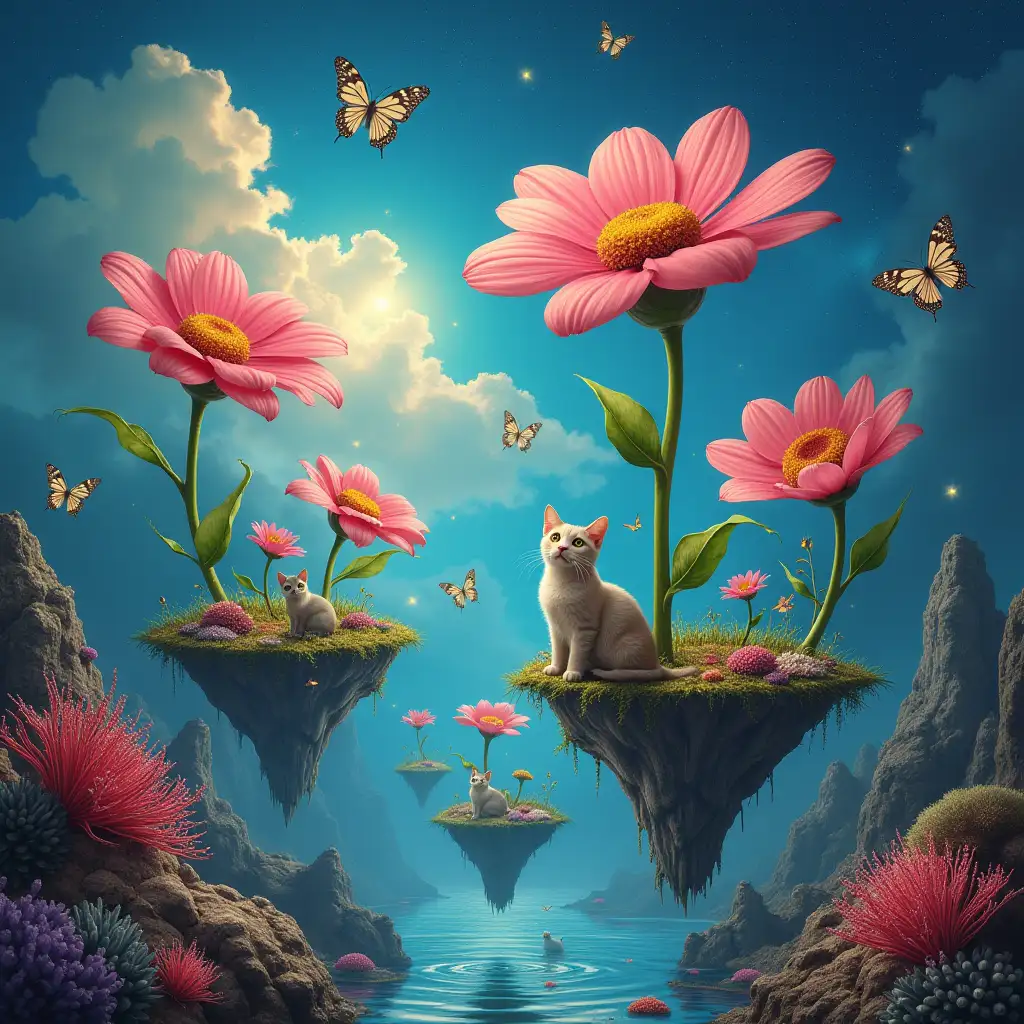 A surreal scene with giant flowers growing on five floating islands, with fairies, cats with an interesting mix of coral reefs, butterflies and stars