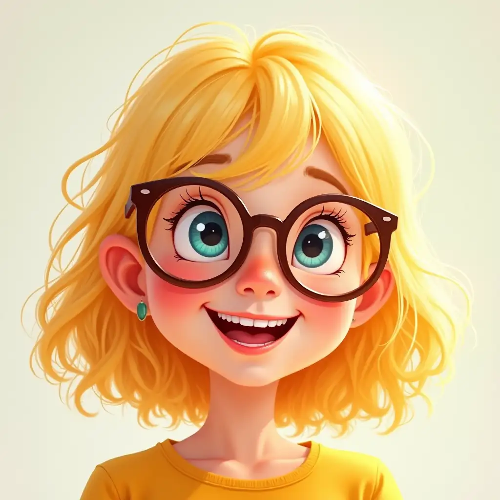 A cheerful, cartoonish portrait of a girl with bright blonde hair, round glasses, and a wide, joyful smile; rendered in a painterly, expressive style with soft, luminous lighting and a focus on detailed facial features;  the soft, delicate blush and bold eye color create a vibrant, emotive character portrait.