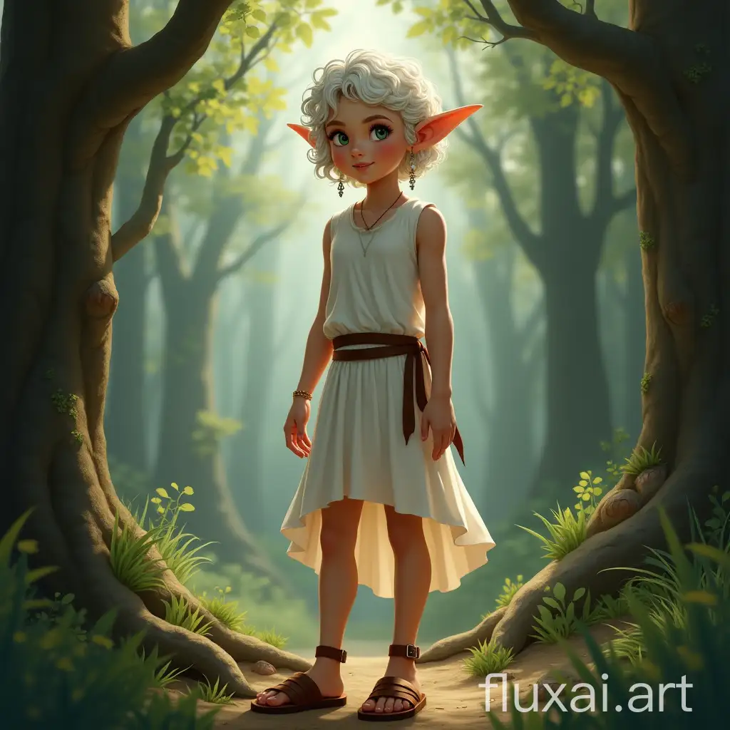 Elf girl, pointed ears, short white curly hair, dressed in a white tunic, sandals on her feet, forest