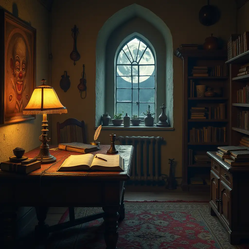 Medieval Writing Room with Ancient Desk and Clown Moon