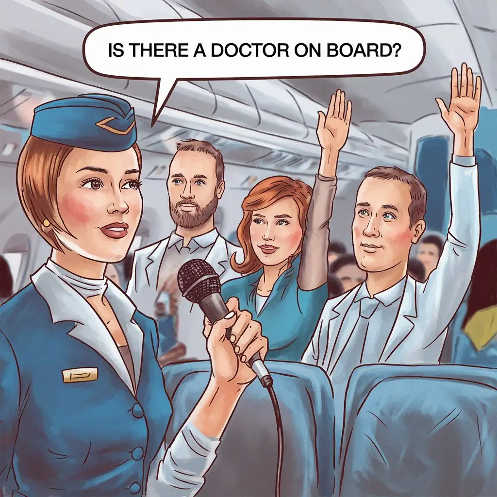 Humorous-Illustration-of-Speech-Therapists-and-Proctologist-Raising-Hands-on-a-Plane