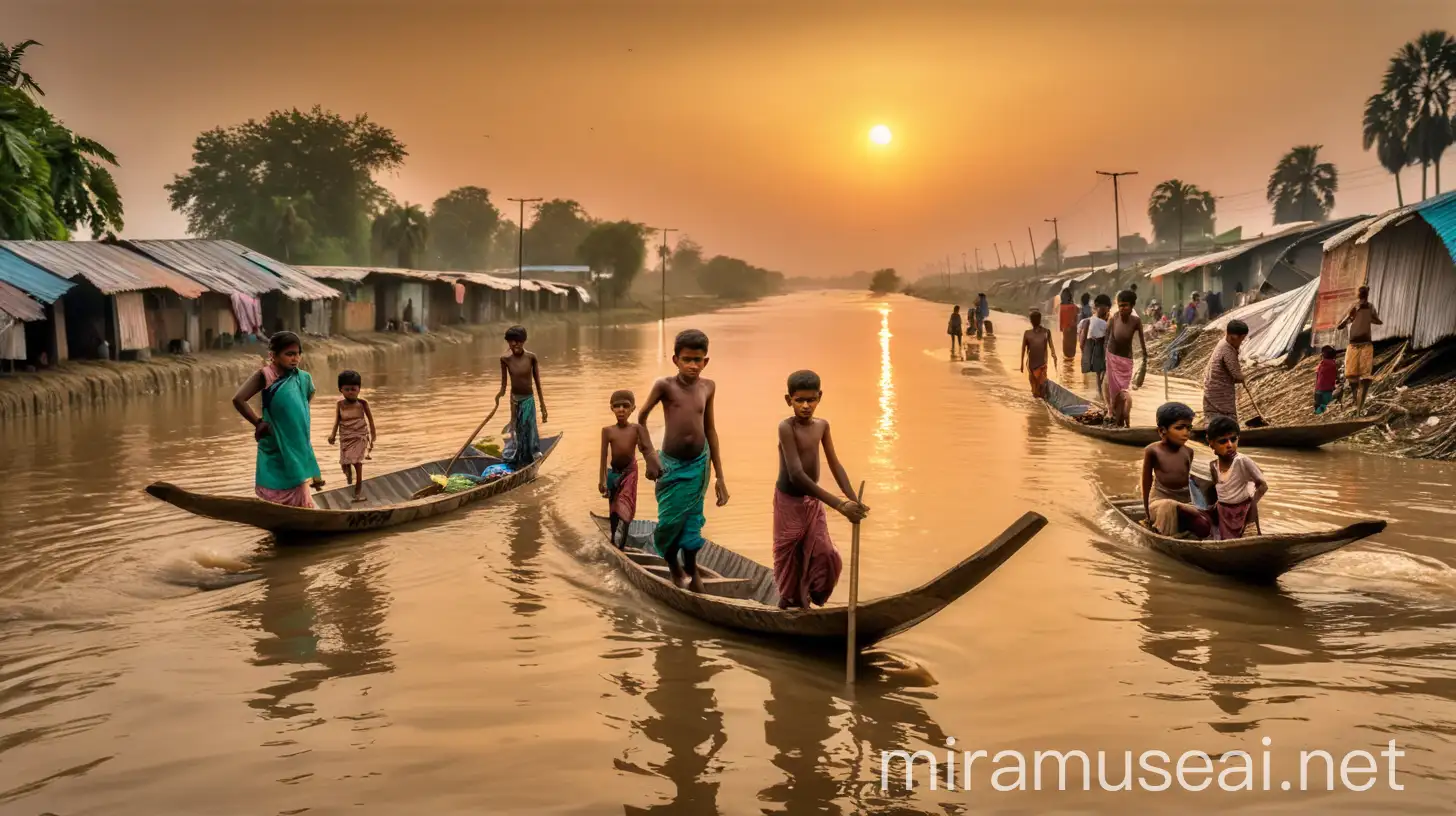 Sunset in Bangladesh Riverbank Life Amid Floods