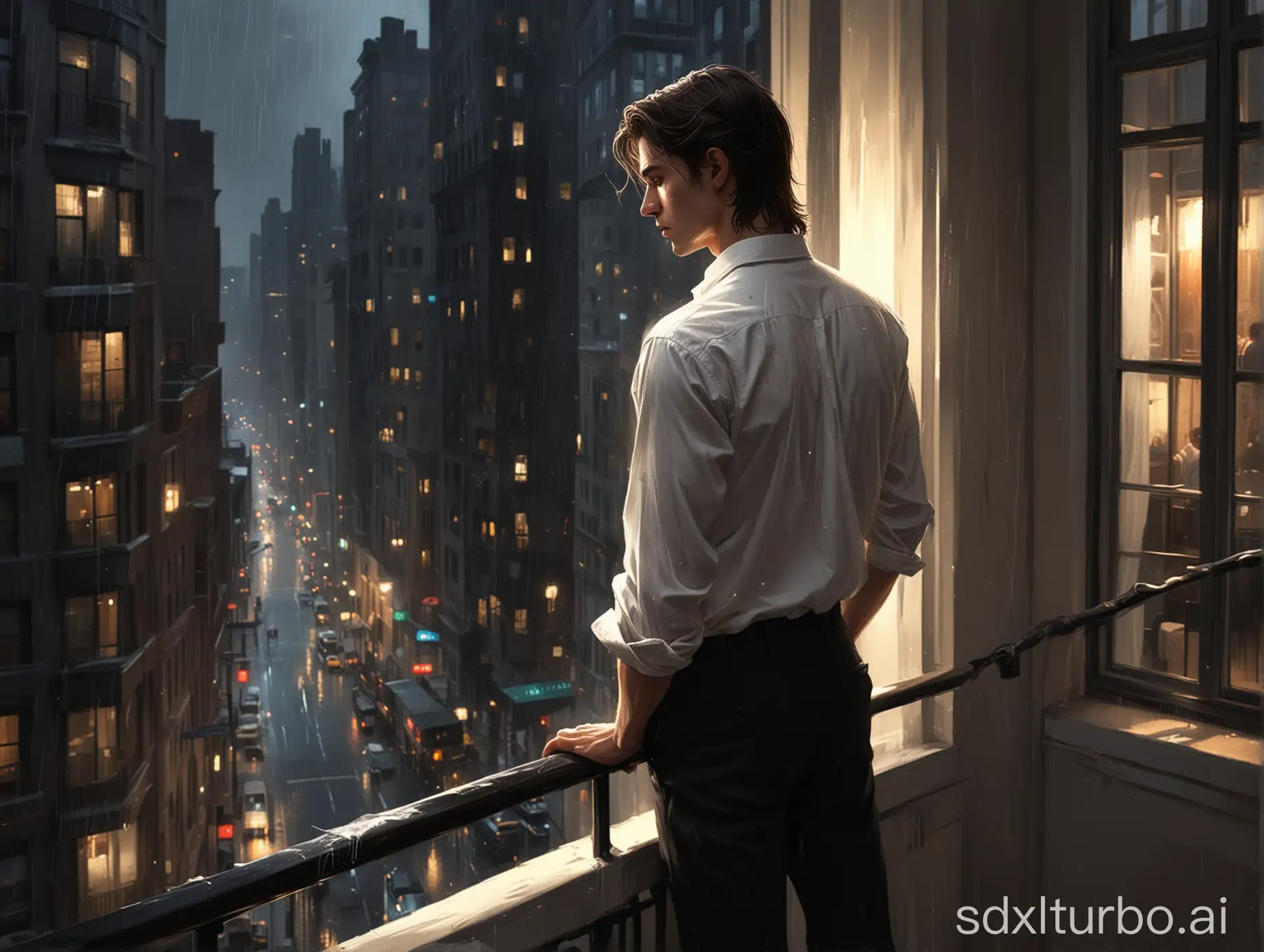 Night-Cityscape-Young-Man-Looking-Down-from-High-Rise-Window-in-1930s-New-York-Rain