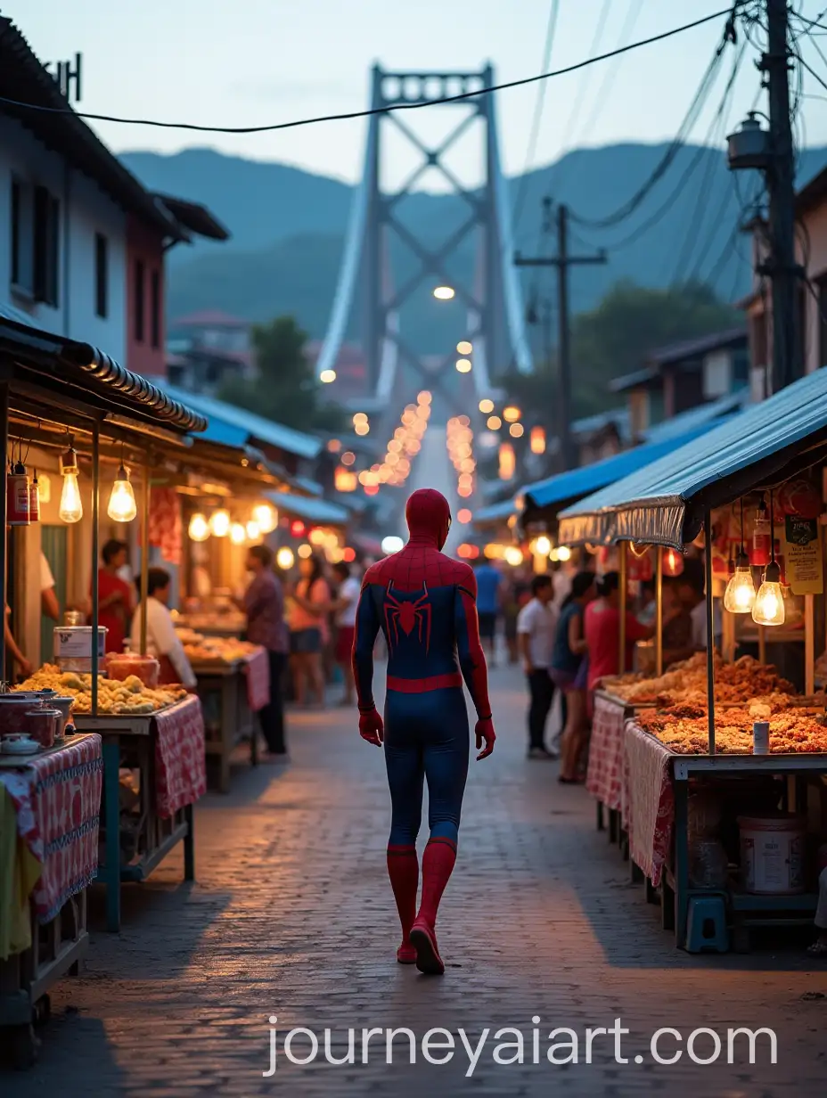 Spiderman-Walking-on-Lalove-Bridge-in-Kota-Palu-with-Busy-Market-Scene