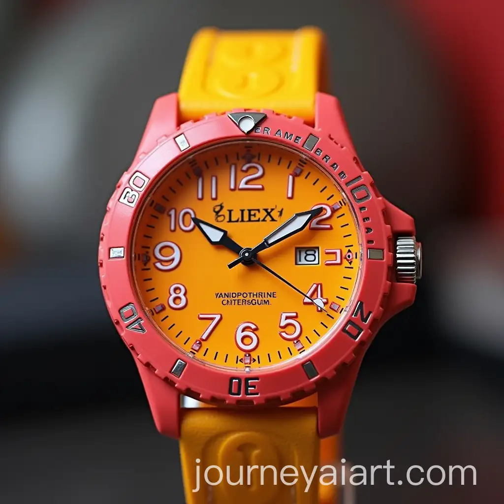 Mens-Pink-Wristwatch-with-Silver-Case-and-Yellow-Strap-Featuring-Red-Hands
