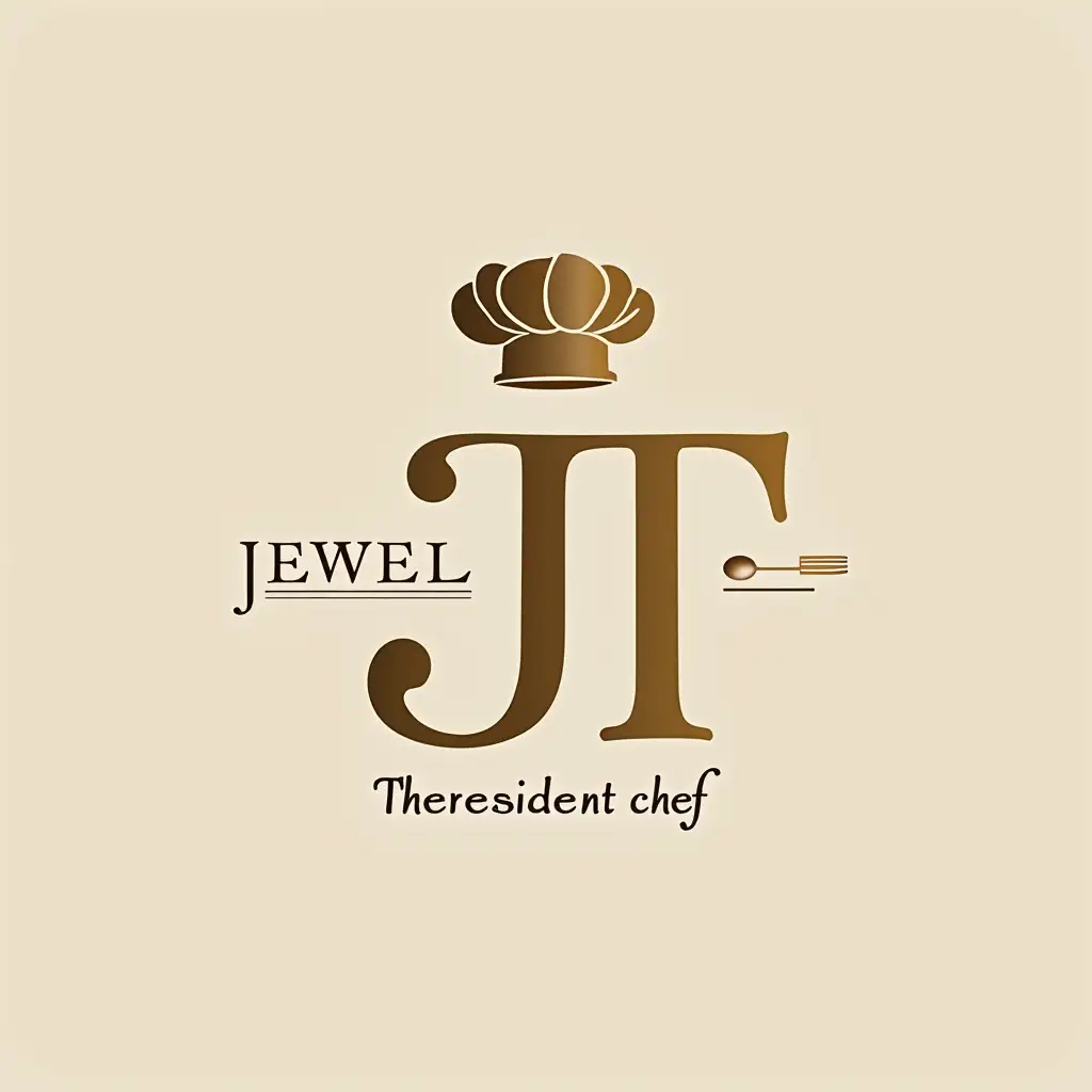 Design a sophisticated and professional letter-mark logo for a food business called Jewel Theresidentchef. The logo should feature an elegant monogram using the initials 'JT', seamlessly integrated with subtle culinary elements like a chef’s hat, spoon, or fork. The typography should be modern, stylish, and slightly bold, reflecting both authenticity and professionalism. Use a warm and inviting color palette, such as rich gold, deep brown, and soft neutral tones, to convey a sense of high-quality food craftsmanship. The overall look should be minimalist yet distinctive, making it versatile for branding on websites, social media, and packaging. Ensure the design feels premium, trustworthy, and visually appealing.