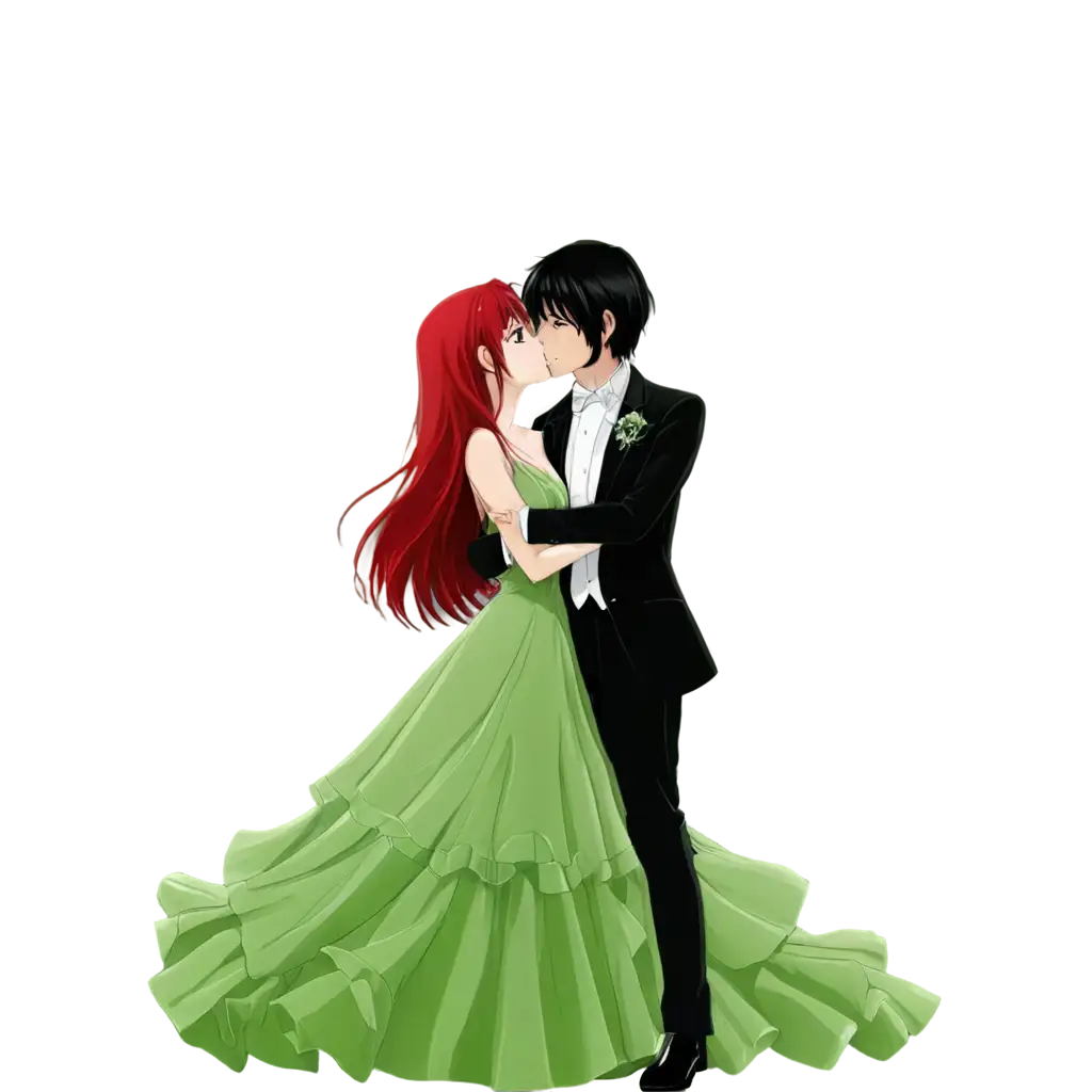 Red-Hair-Anime-Girl-in-Green-Ball-Gown-Kissing-Black-Hair-Anime-Boy-in-Tuxedo-PNG-HighQuality-Transparent-Image