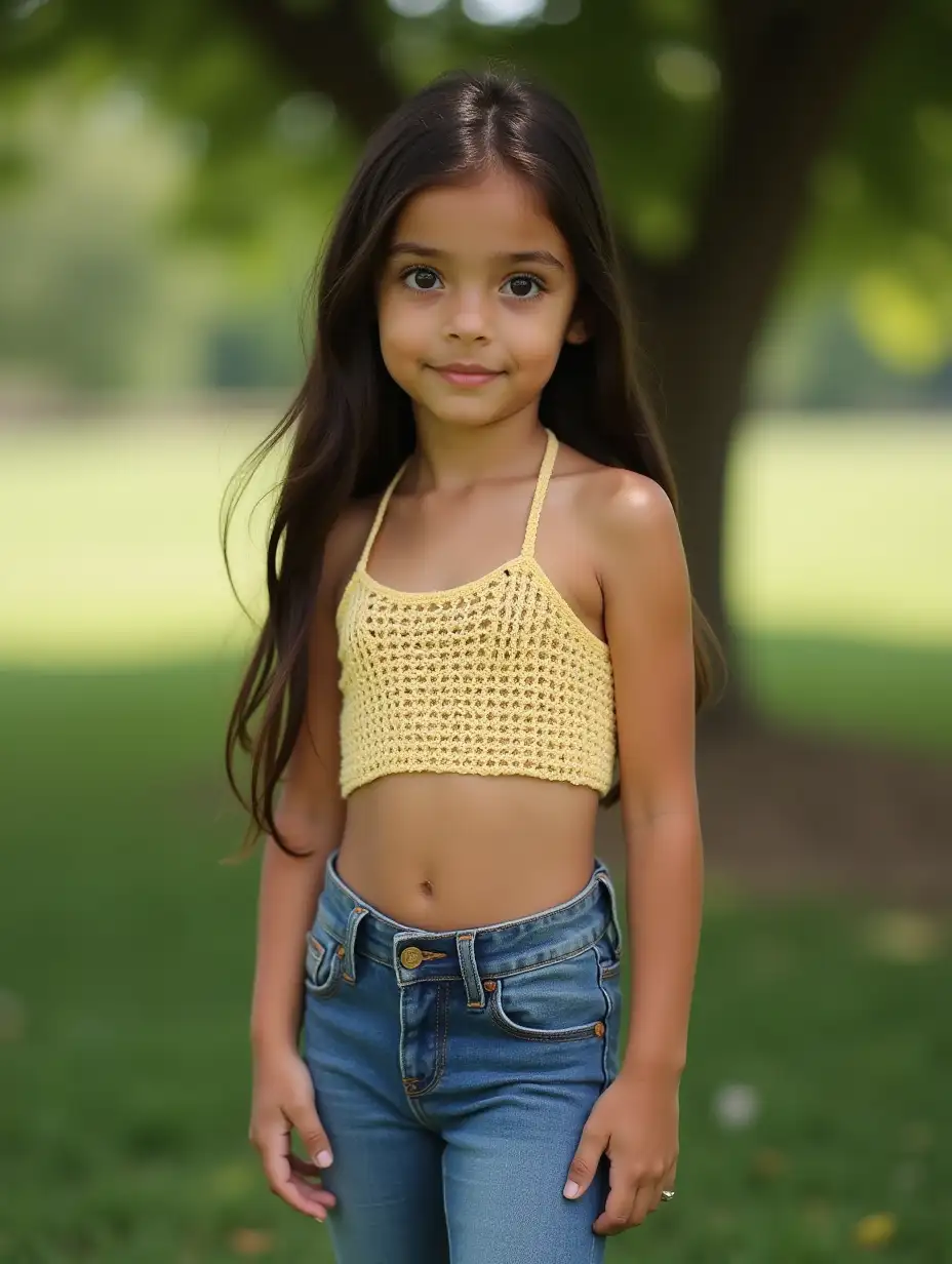 Young-Girl-in-Pale-Yellow-Crochet-Top-Standing-Barefoot-by-Shade-Tree