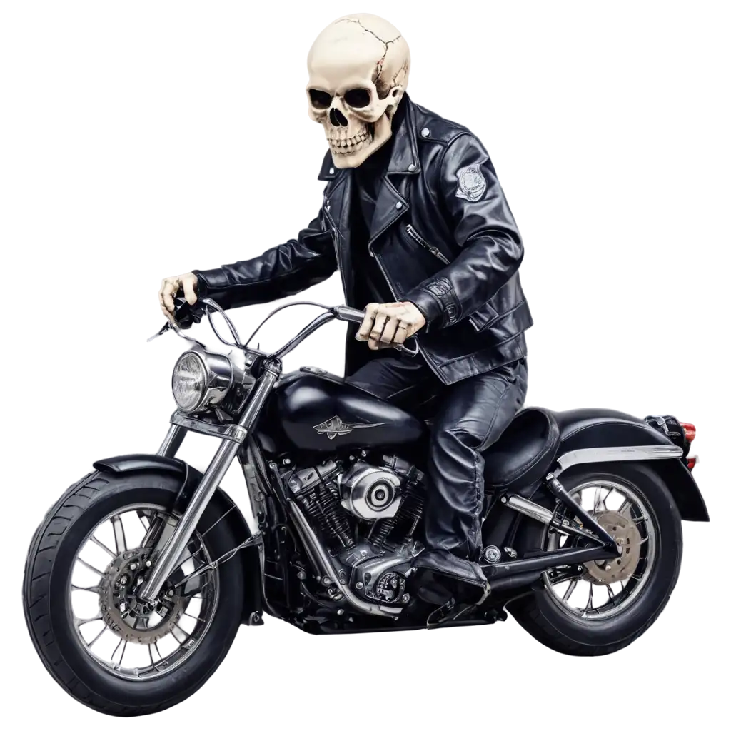 skull wearing a leather coat and riding a Harley Davidson motorcycle, the motorcycle needs to be sideways and the rider showing the crest on their back