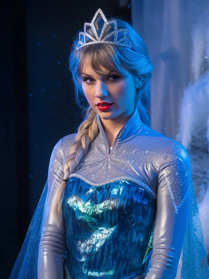 Taylor Swift dressed up as a Disney Princess Elsa. latex material. dark lighting