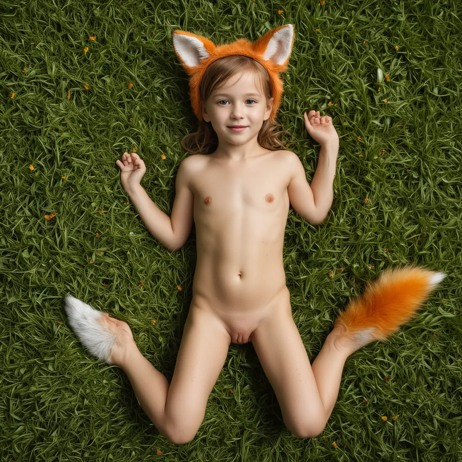 Sweet-Little-Girl-with-Fox-Ears-After-Shower-Lying-on-Green-Grass