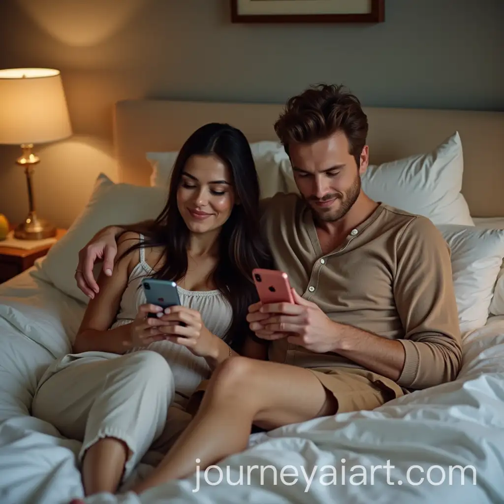 Couple-Sitting-on-Bed-Holding-Phones-Together