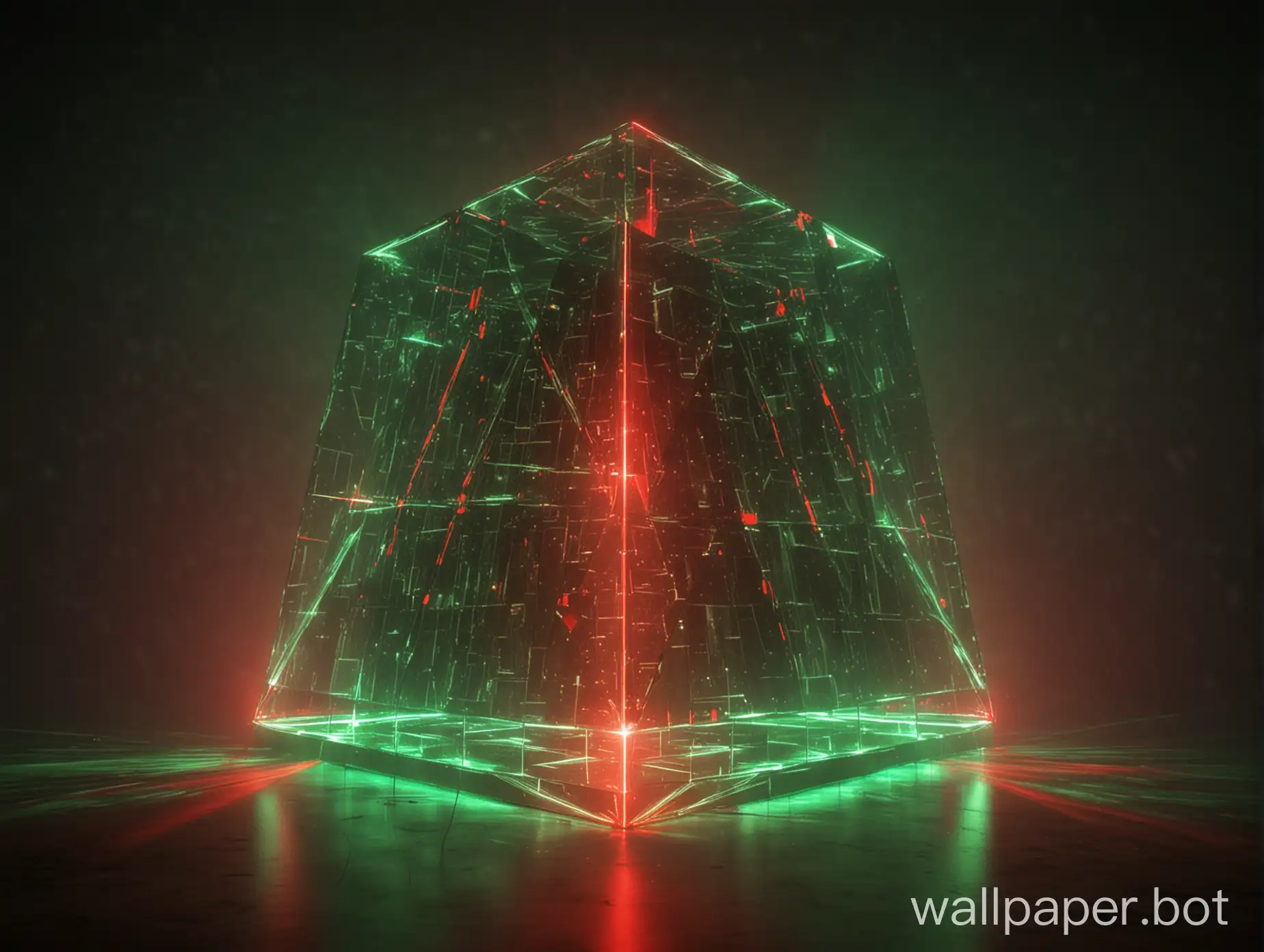 a big cube with green and red lasers trougth a hughe piramid of glass