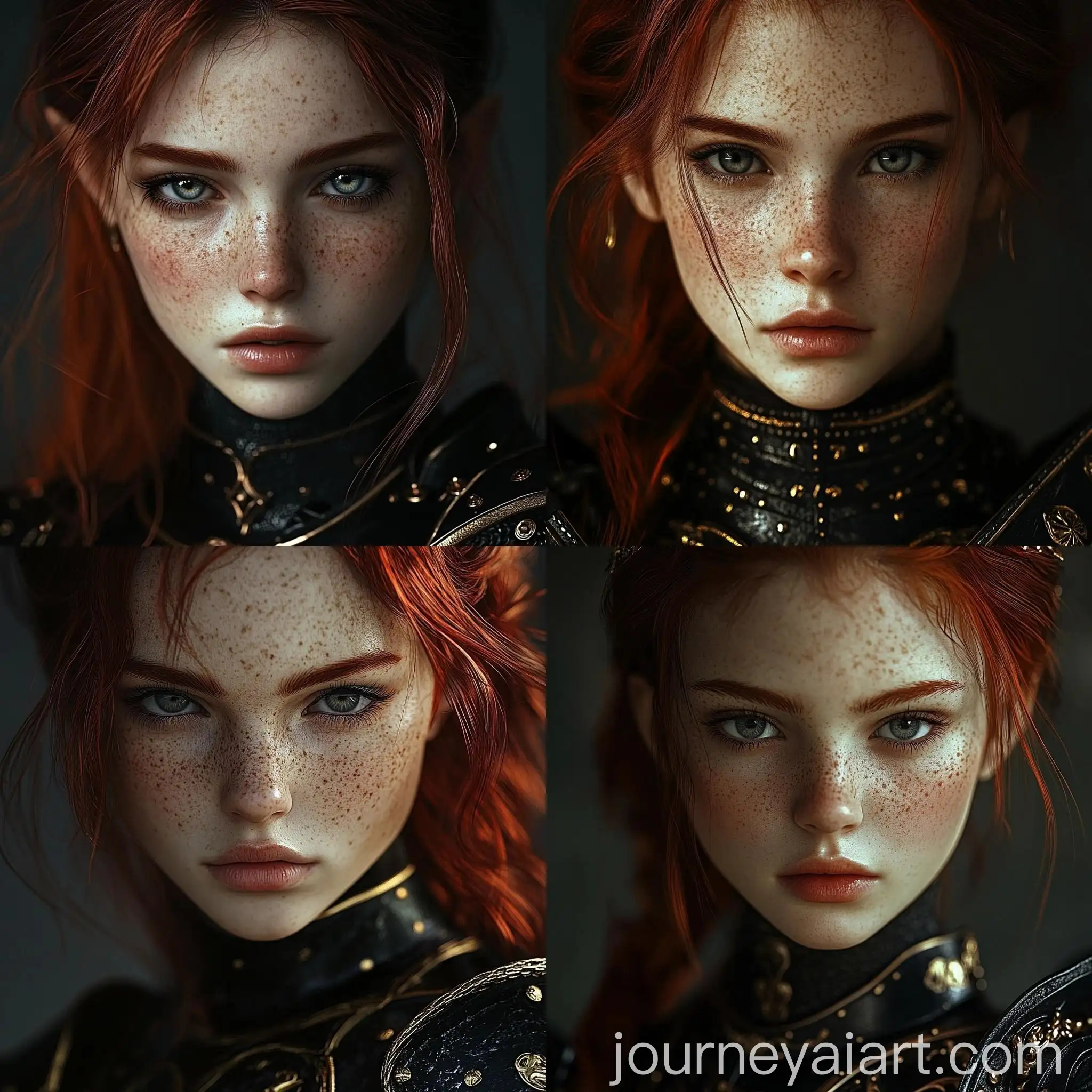 Closeup-Shot-of-a-Young-Female-Warrior-with-Dark-Red-Hair-and-Striking-Gray-Eyes-in-Black-Body-Armor