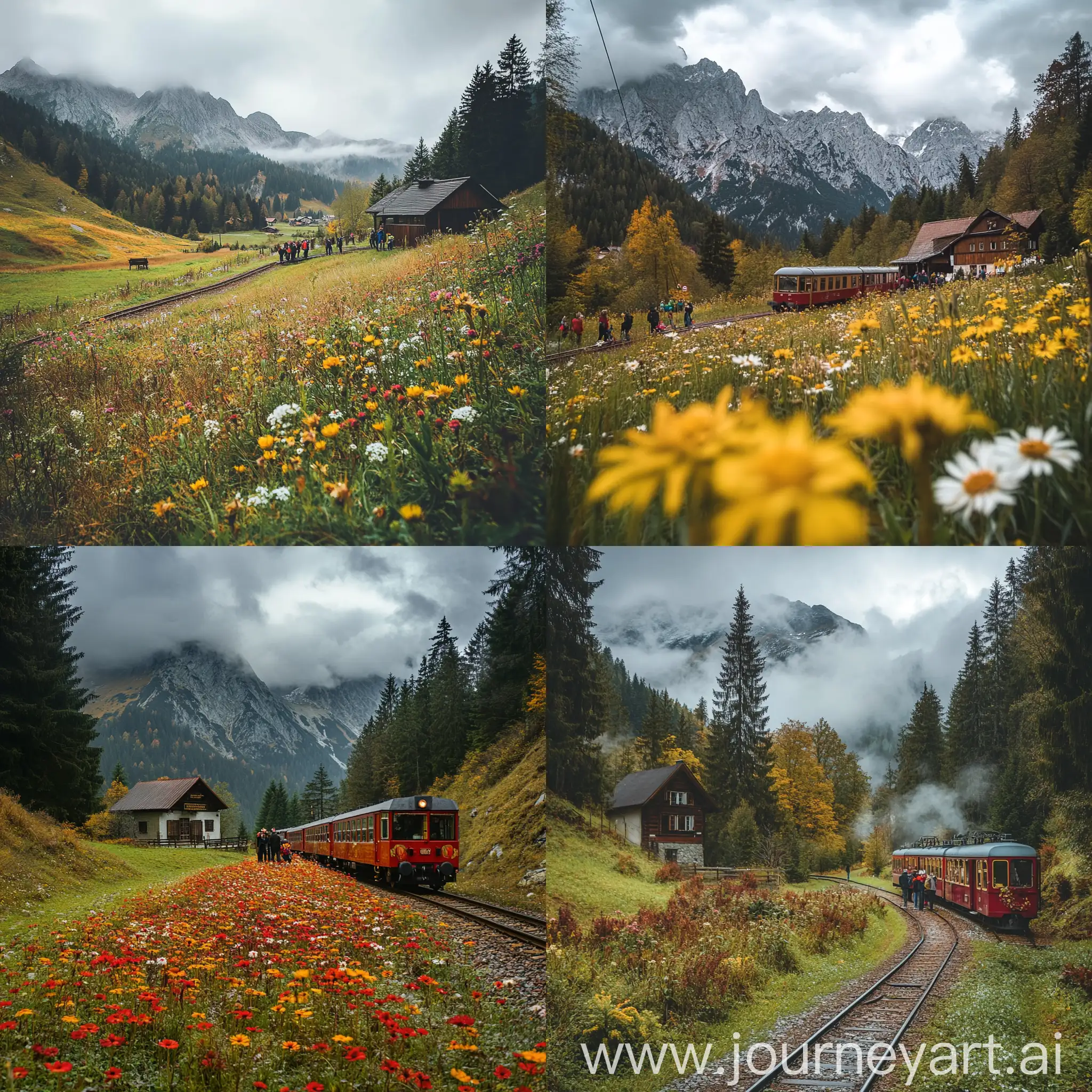 Tourists-at-a-Cozy-Railway-Station-in-an-Autumn-Mountainous-Landscape